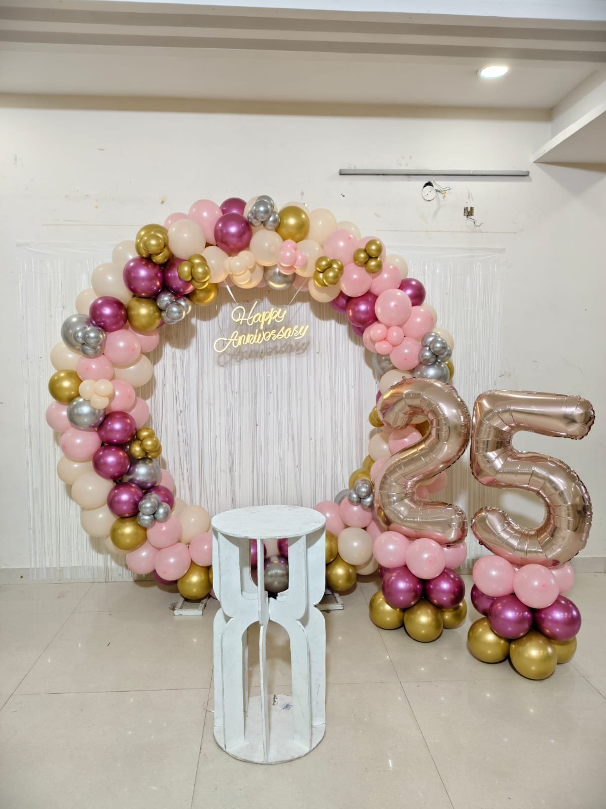 Rose Gold & Metallic 25th Silver Jubilee Anniversary Ring balloon decoration inspiration