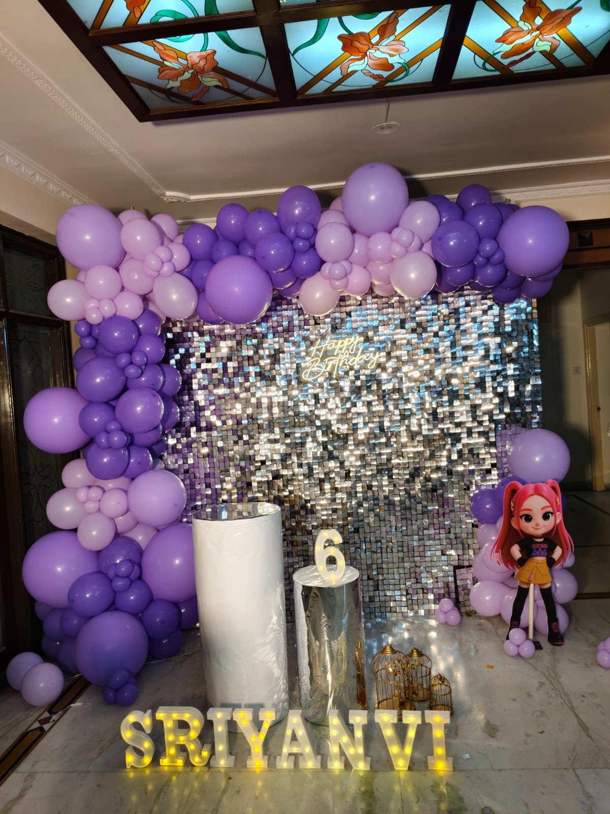 Silver Shimmer Wall & Purple Lavender Birthday Arch balloon decoration inspiration